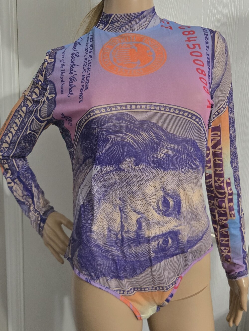 Money Suit Dollar Print 2 Piece Set Outfit Bodysuit + Pant. Size L.